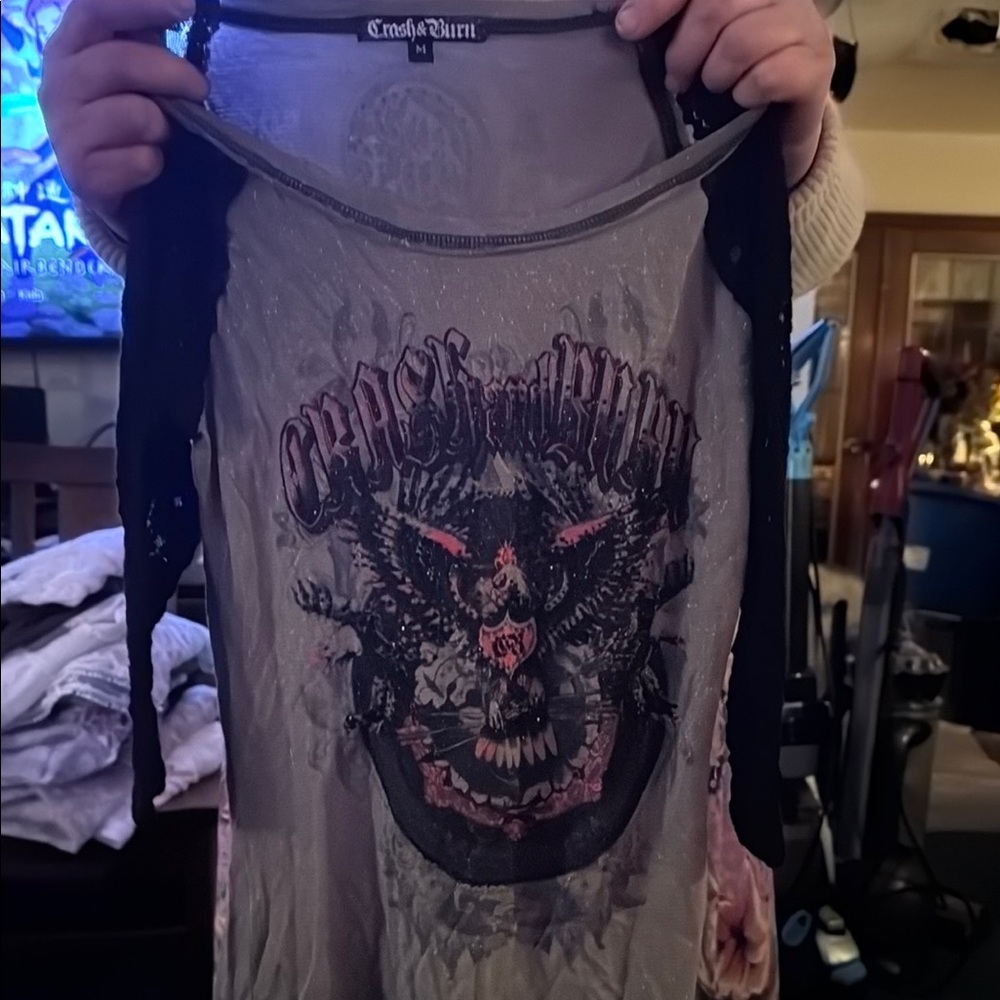 Gray Graphic Tee with Black and Red Design